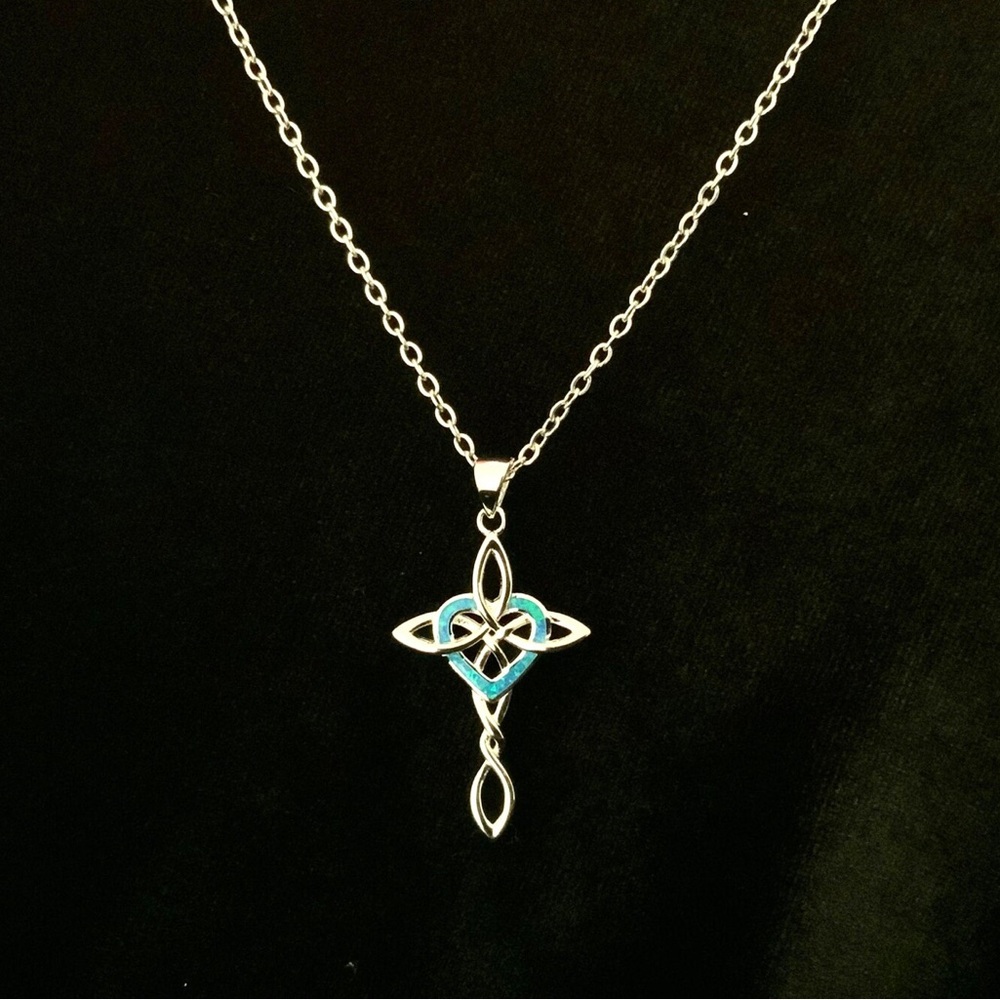 Intricate 925 Sterling Silver Cross with genuine blue Opal Necklace Free Chain